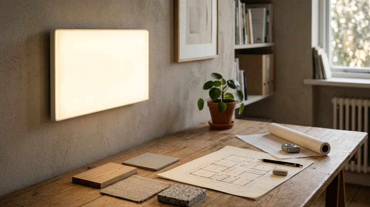 Wandmontiertes LED-Flächenlicht neben Grundrissplan und Materialmustern auf einem Tisch